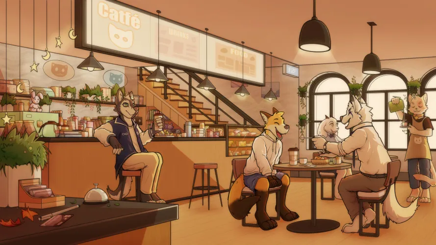 Thumbnail Furry Fun: Hanging Out with Friends in a Cafe Shop by WildPurpleBeans