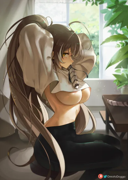 Thumbnail Nanashi Mumei Tying Her Hair: A Sensual Illustration by marxsander2016 in the Hentai Category