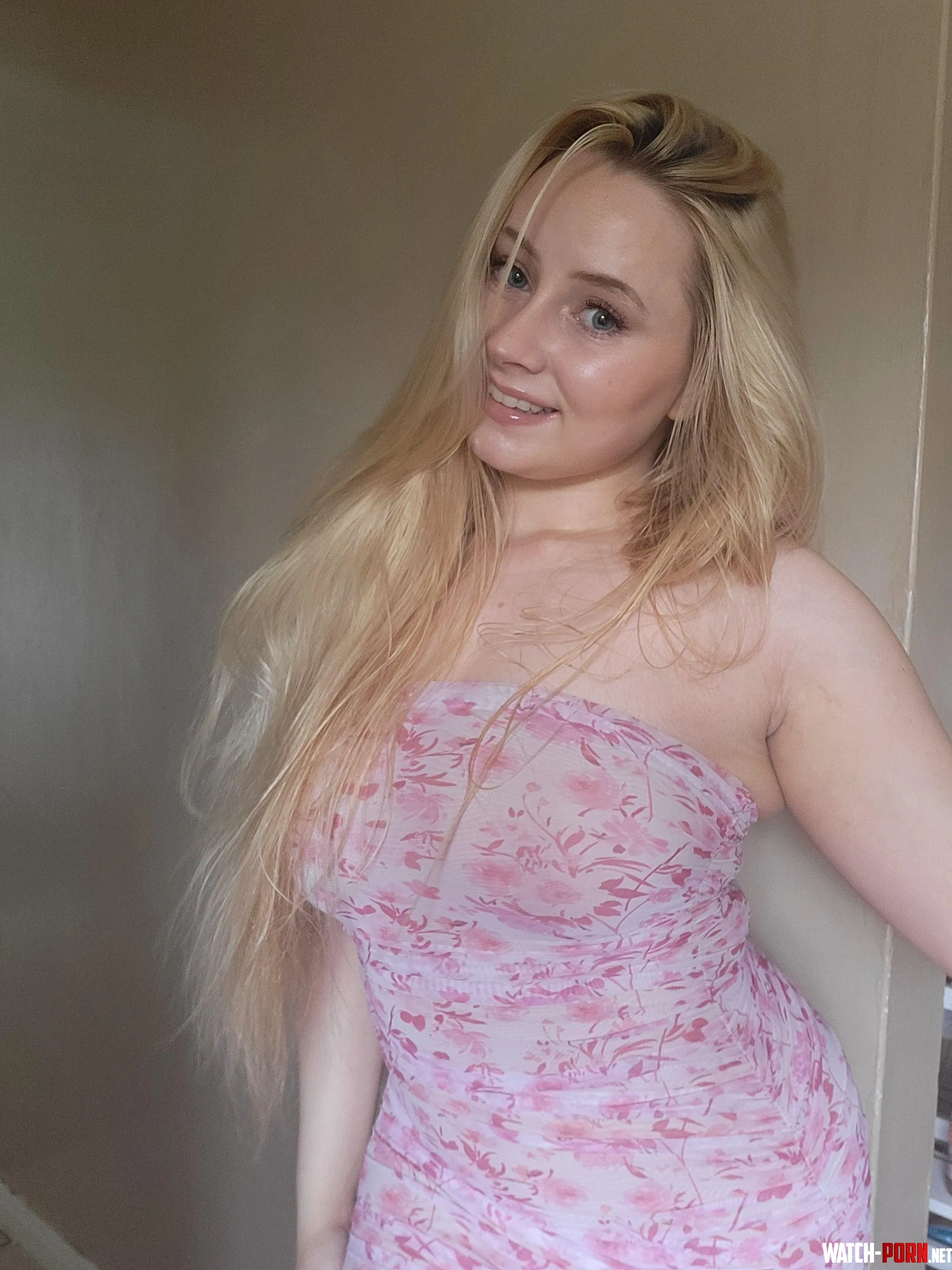 49 blonde in tight ditzy pink dress  by EmilyAngelUK