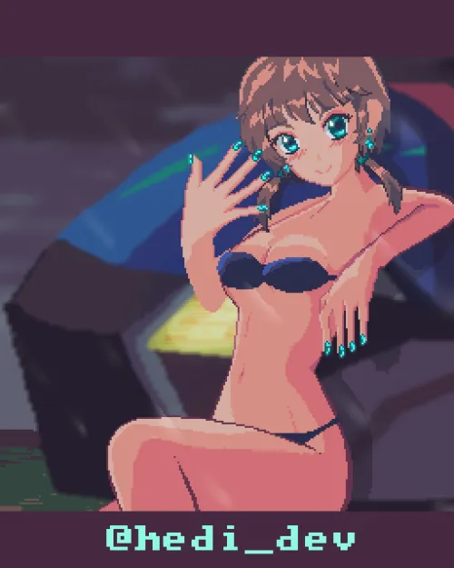 Thumbnail Admiring 'My Game Protagonist Yora Next to Her Aircraft' Pixel Art NSFW Creation by hedimezghanni