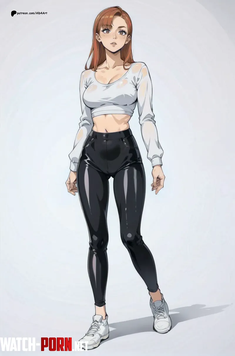 Ginny wearing tight black shiny legging  by Alb4Art