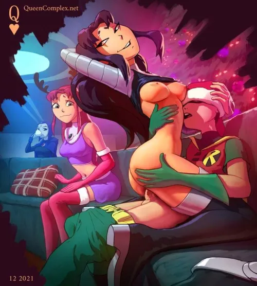Thumbnail Erotic Encounter: Blackfire, Robin, Starfire & Raven by Quirky-Cucumber-203
