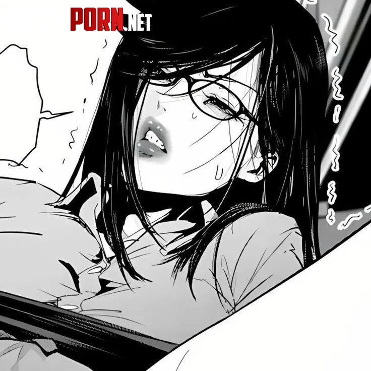 LF Mono Source 1girl black hair black skirt blank speech bubble buttons clenched teeth closeup collared shirt face glasses hair over one eye halfclosed eyes light shirt long hair parted lips sweat swept bangs trembling by HentaiSource_Archive