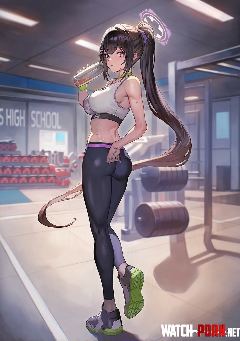 Sumire enjoying a protein drink lack Blue Archive by llamanatee