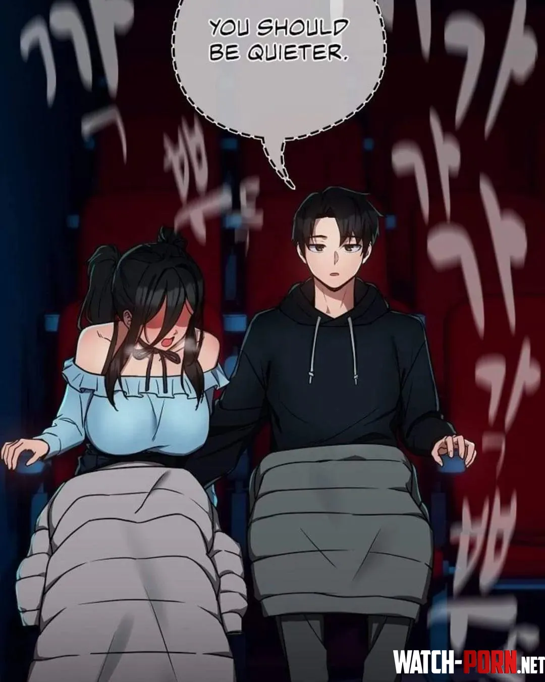 LF Color Source You should be quieter 1girl 1boy Manhwa blackhair blackhoodie blushing clothed clothing masturbation movie public publicsex sitting by RandomNobody24522