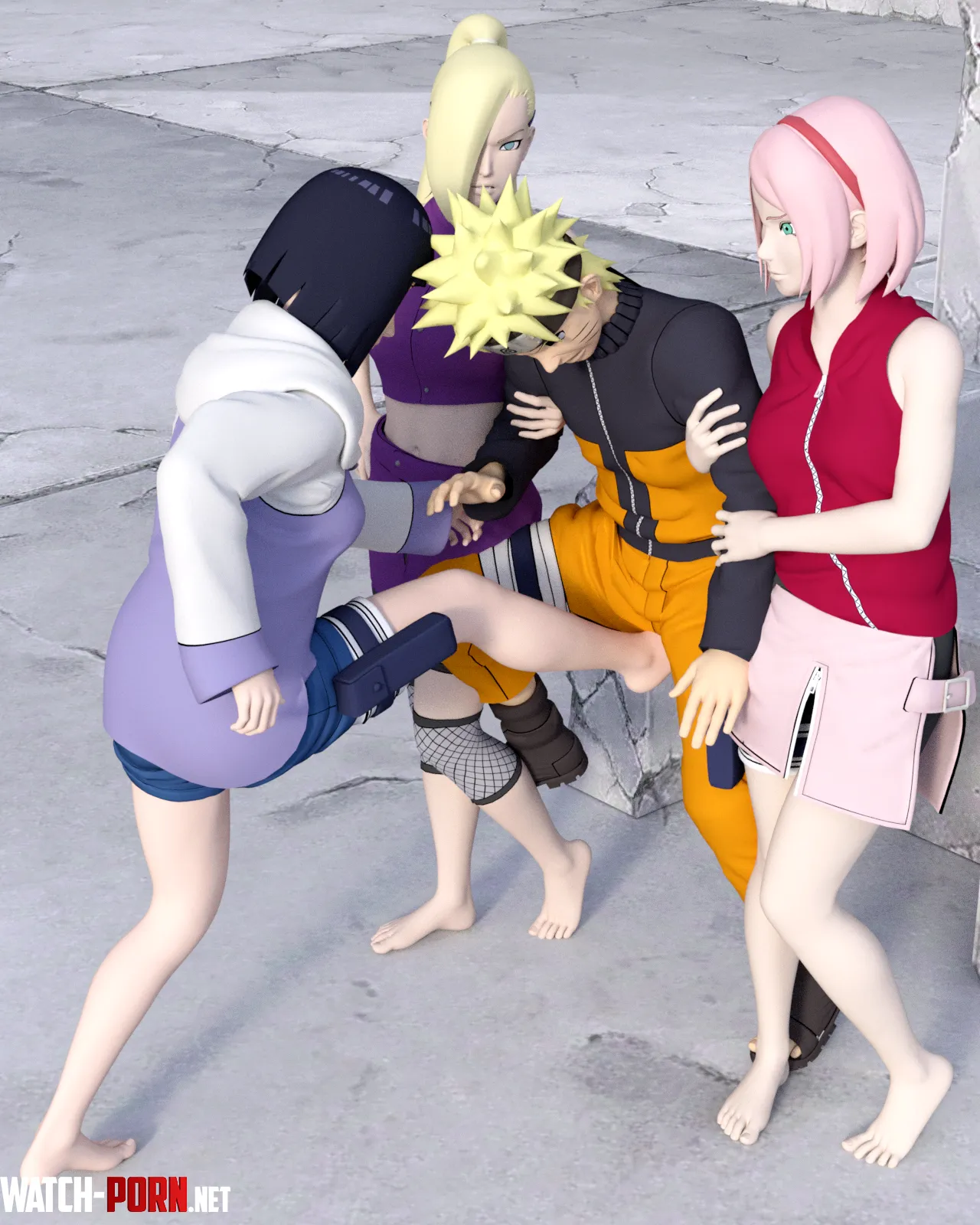 Sakura Hinata and Ino agree to help Naruto with his training to become Hokage but its not quite what he had in mind Sakura and Ino grab his arms while Hinata starts kicking his balls Naruto SoleMann by SoleMann_