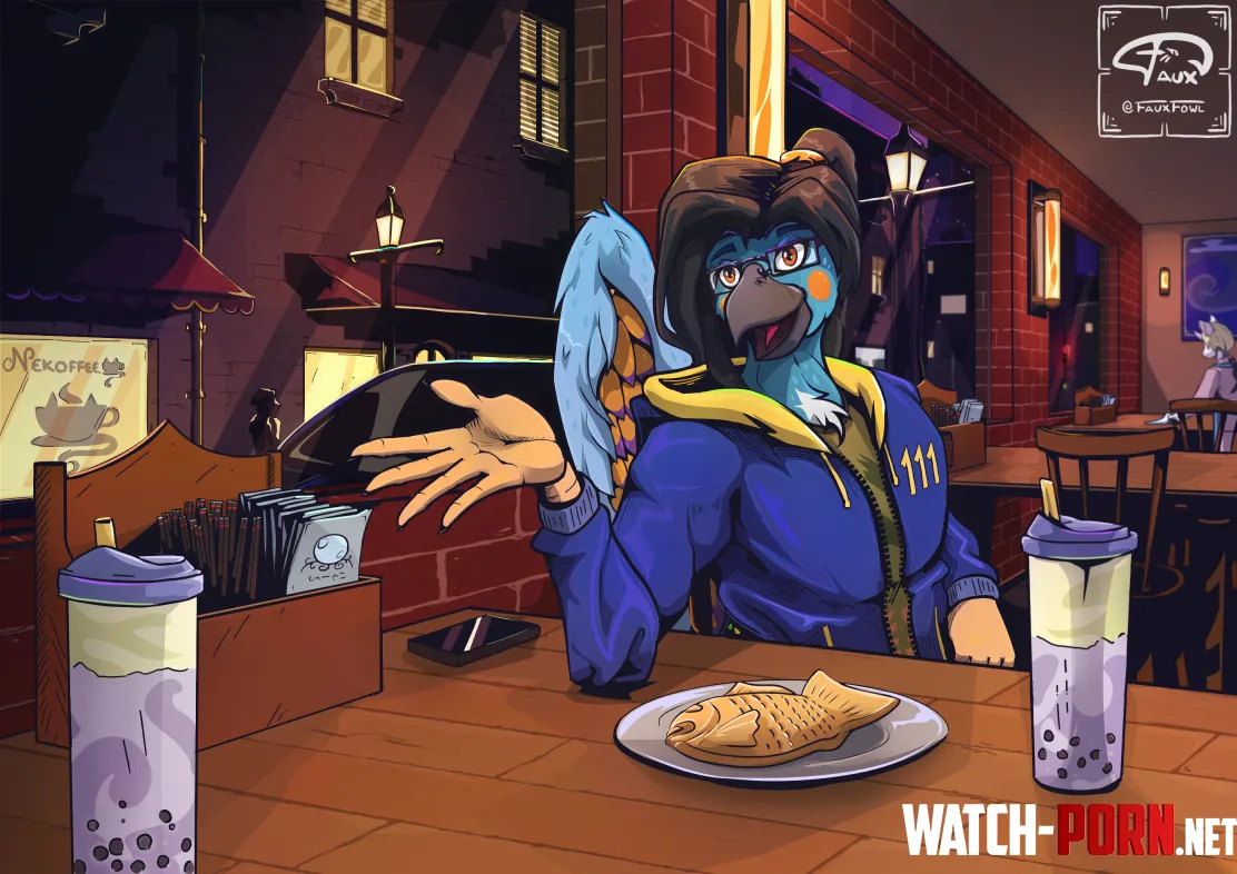 A cozy little autumn night at the local boba shop commision made by me by FauxFowl