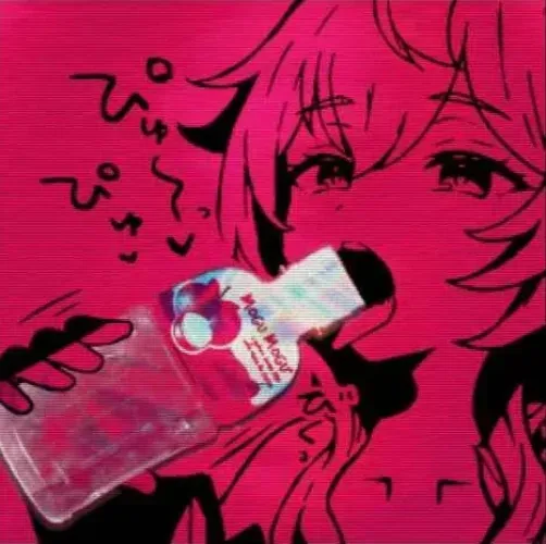 Thumbnail Color 1girl red filter bottle long hair closeup face focused tongue out foreign text Mogu Mogu bangs hair between eyes teeth by kei-kazuki