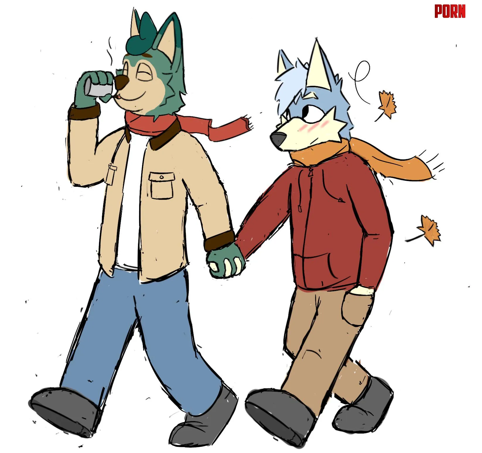 My rough draft of just a couple of roommates on an autumn stroll  by KayknineArt