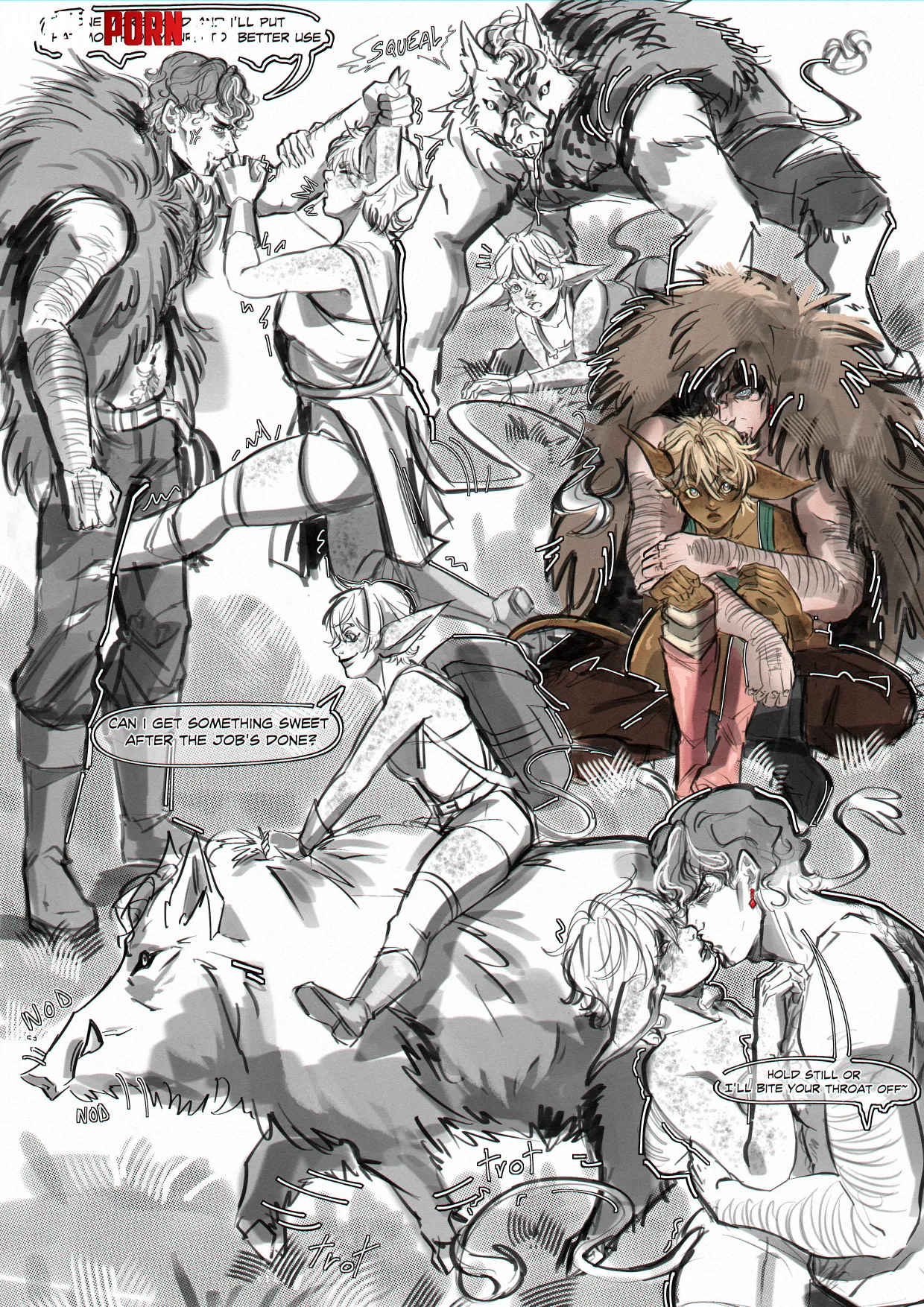 I made a sketch page with my double trouble duo Remus the wereboar and his goblin side kick Amara by MorryaArt