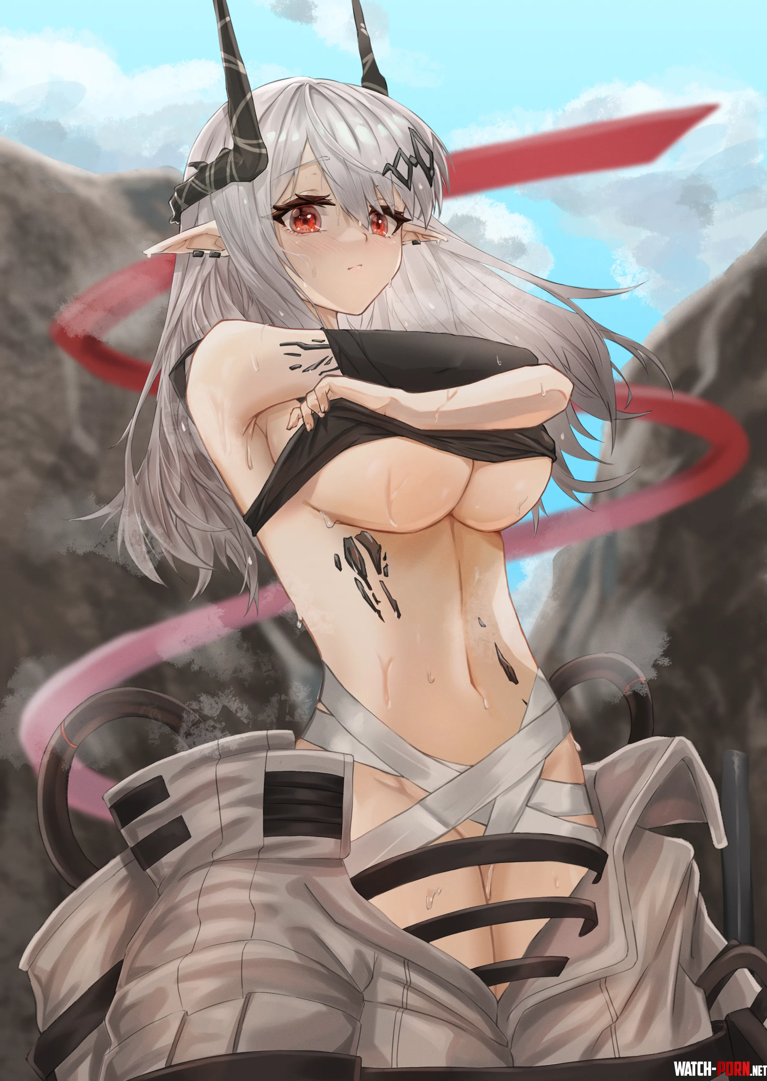 Mudrock undressing from her suit Arknights by marxsander2016