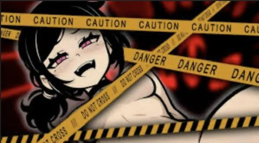 Thumbnail Color 1girl pink eyes black hair medium breast size blushing mole the coffin of Andy and leyley nude short twintails Danger amp caution tapes censored eyes open mouth open by MrAltCookie
