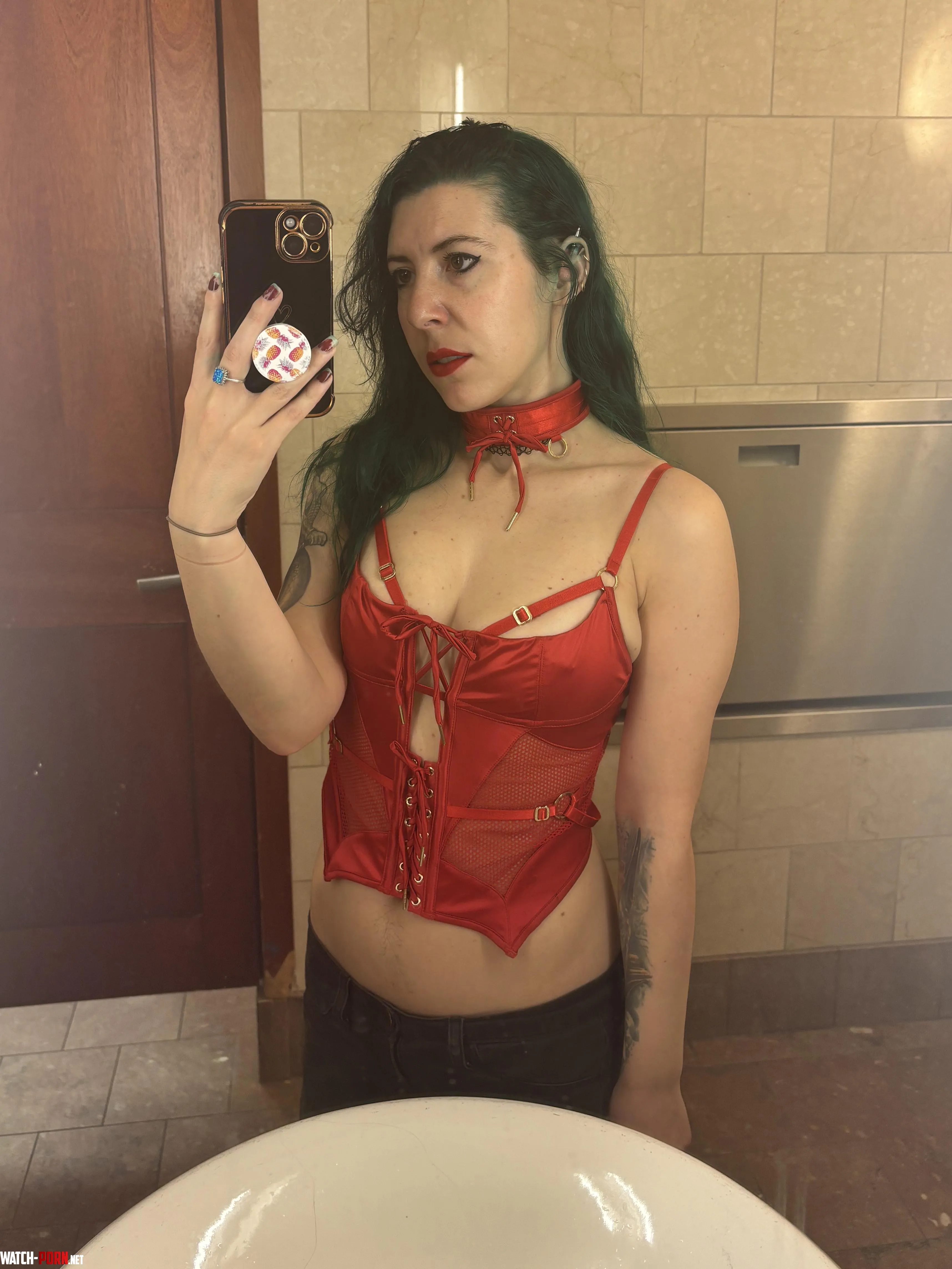 Red corset pokies by sirenskiss3
