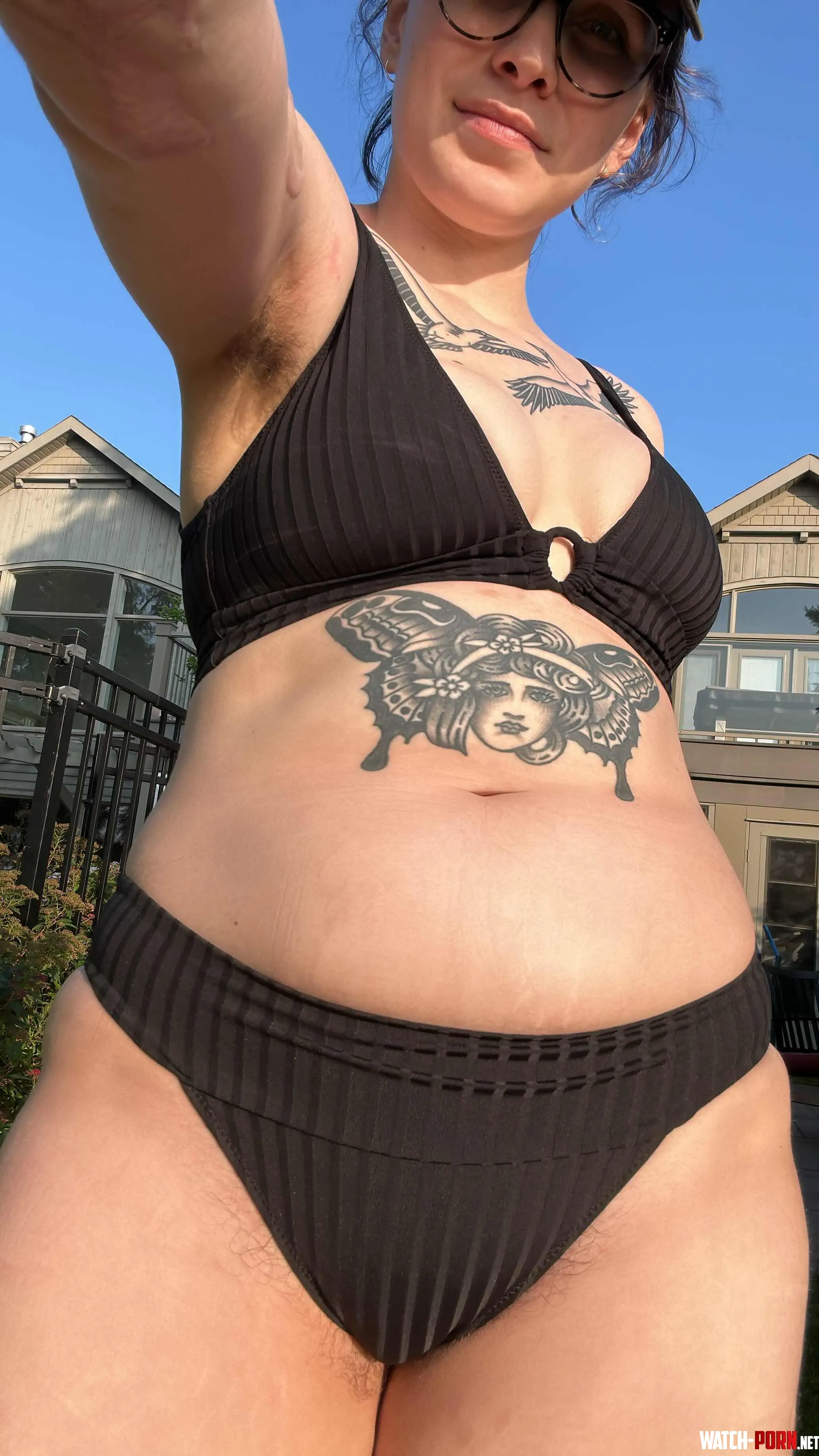 Showing off my hairy armpits and pubes peeking around my bathing suit by begging_to_be_used