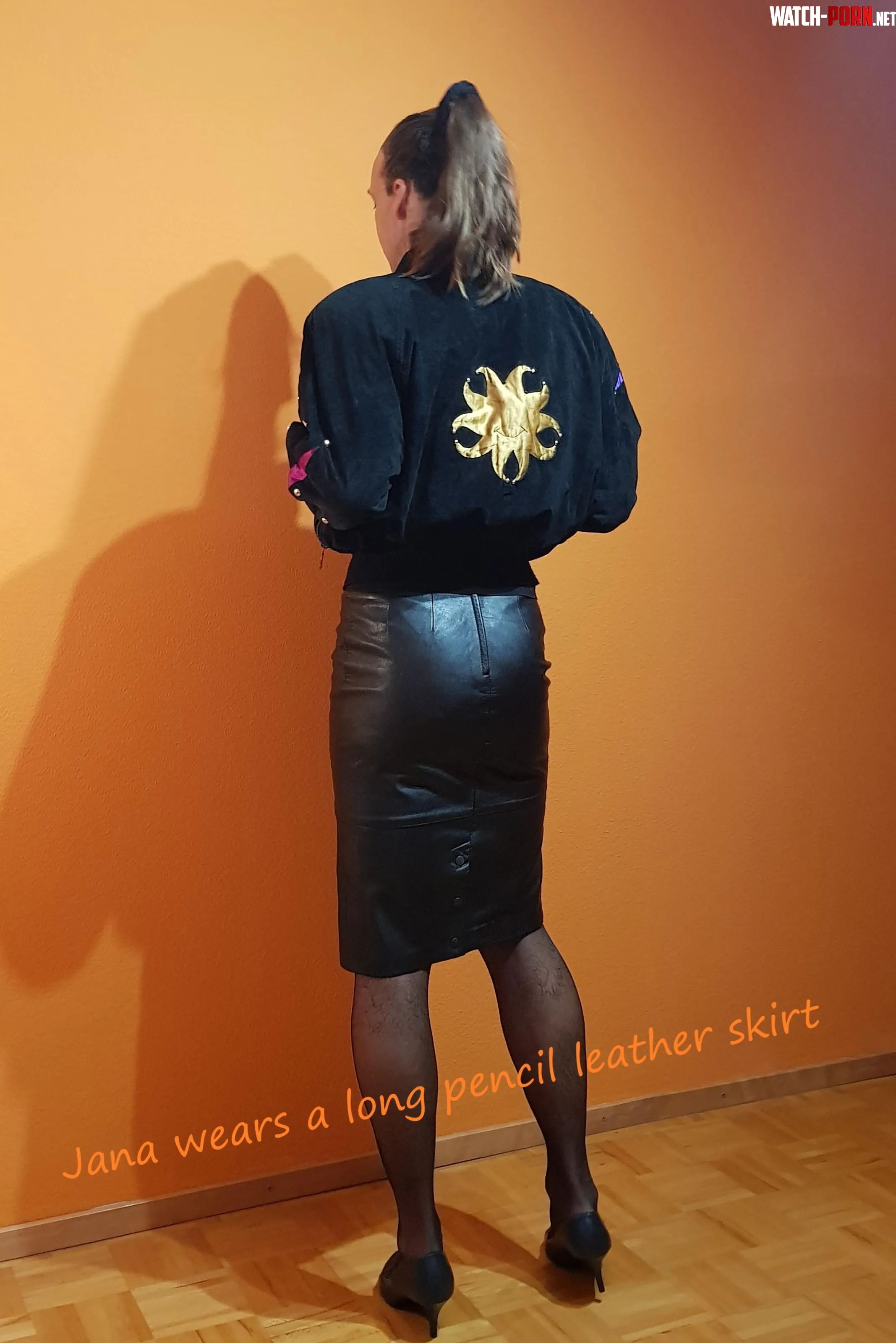 Brunette Sweet Jana wears a pencil leather skirt by sweetjanasweet