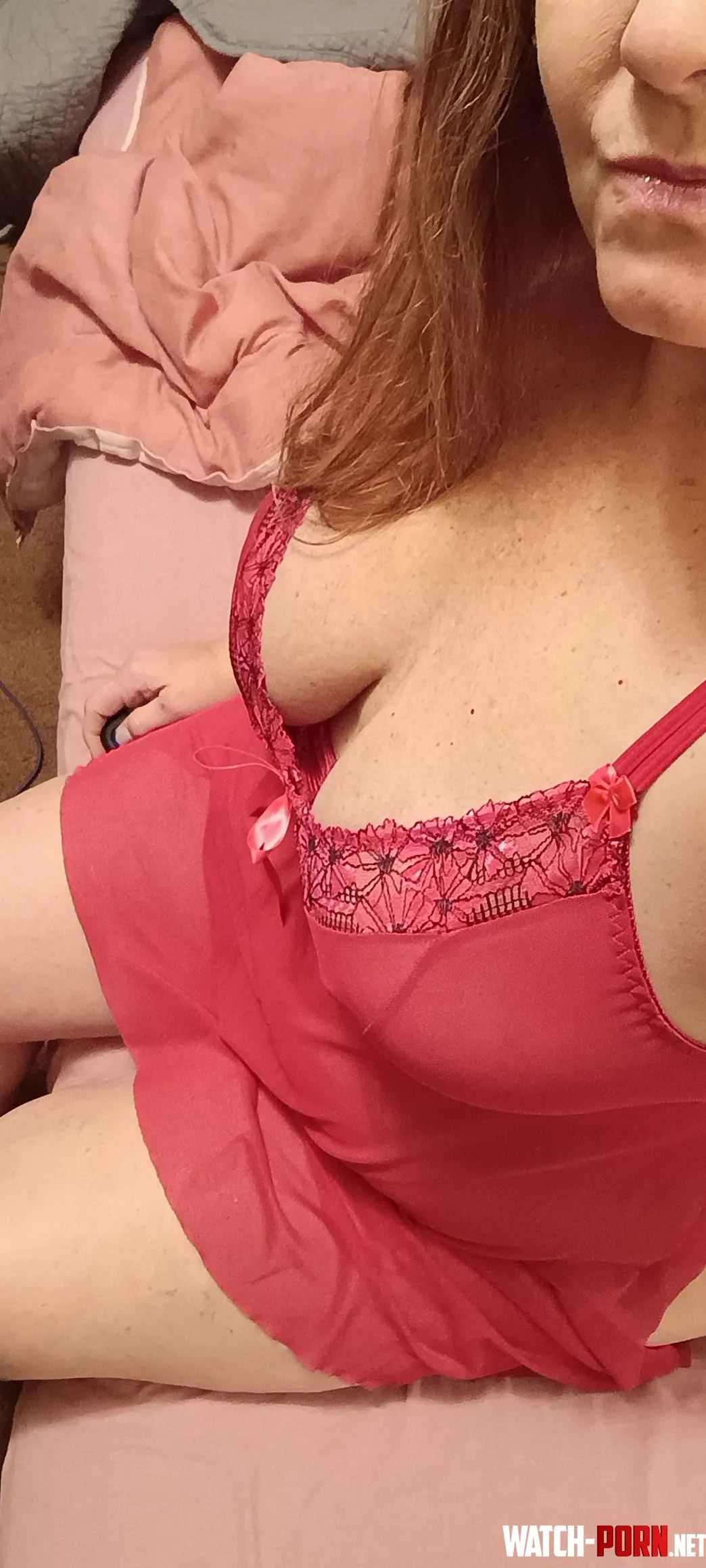 Lady in red this morning no peeking by Pinkfuzymoon