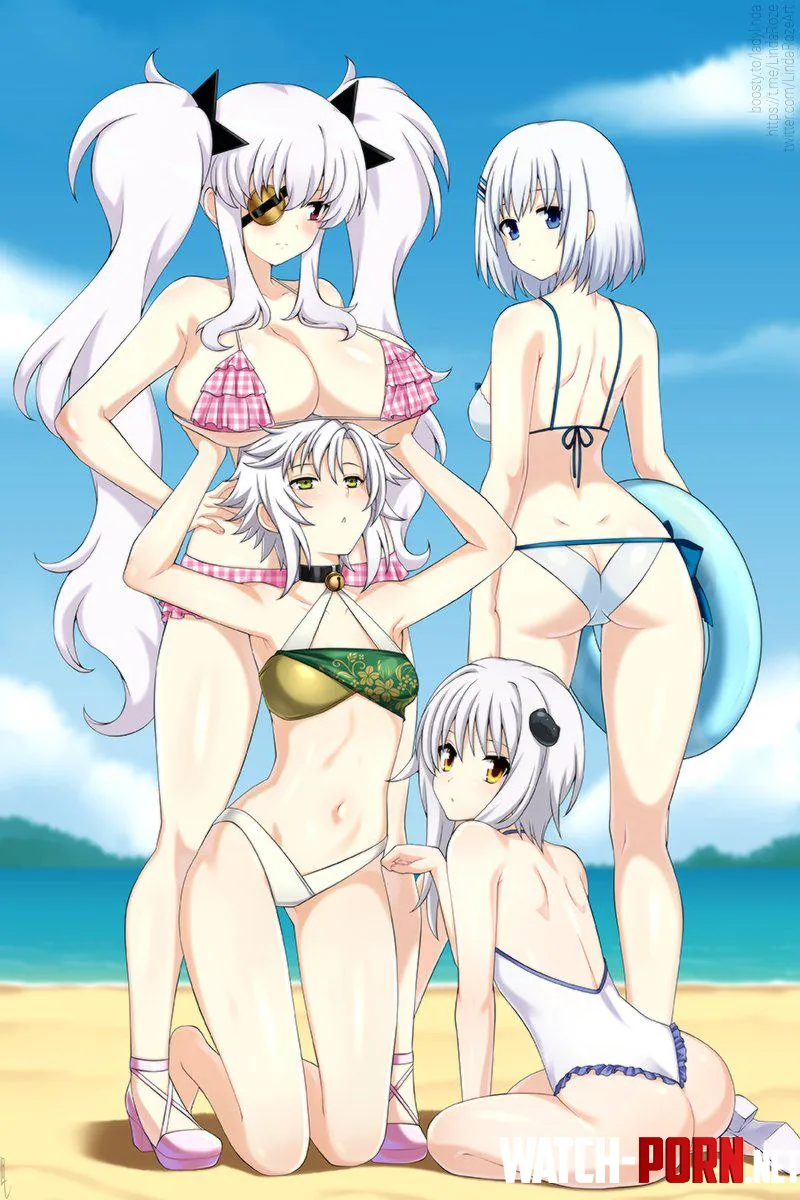 Yagy Origami Tobiichi Fie Claussell and Koneko Tojo Together At The Beach Senran Kagura X Data A Live X Kiseki X High School DxD LindaRozeArt by A_MASSIVE_PERVERT