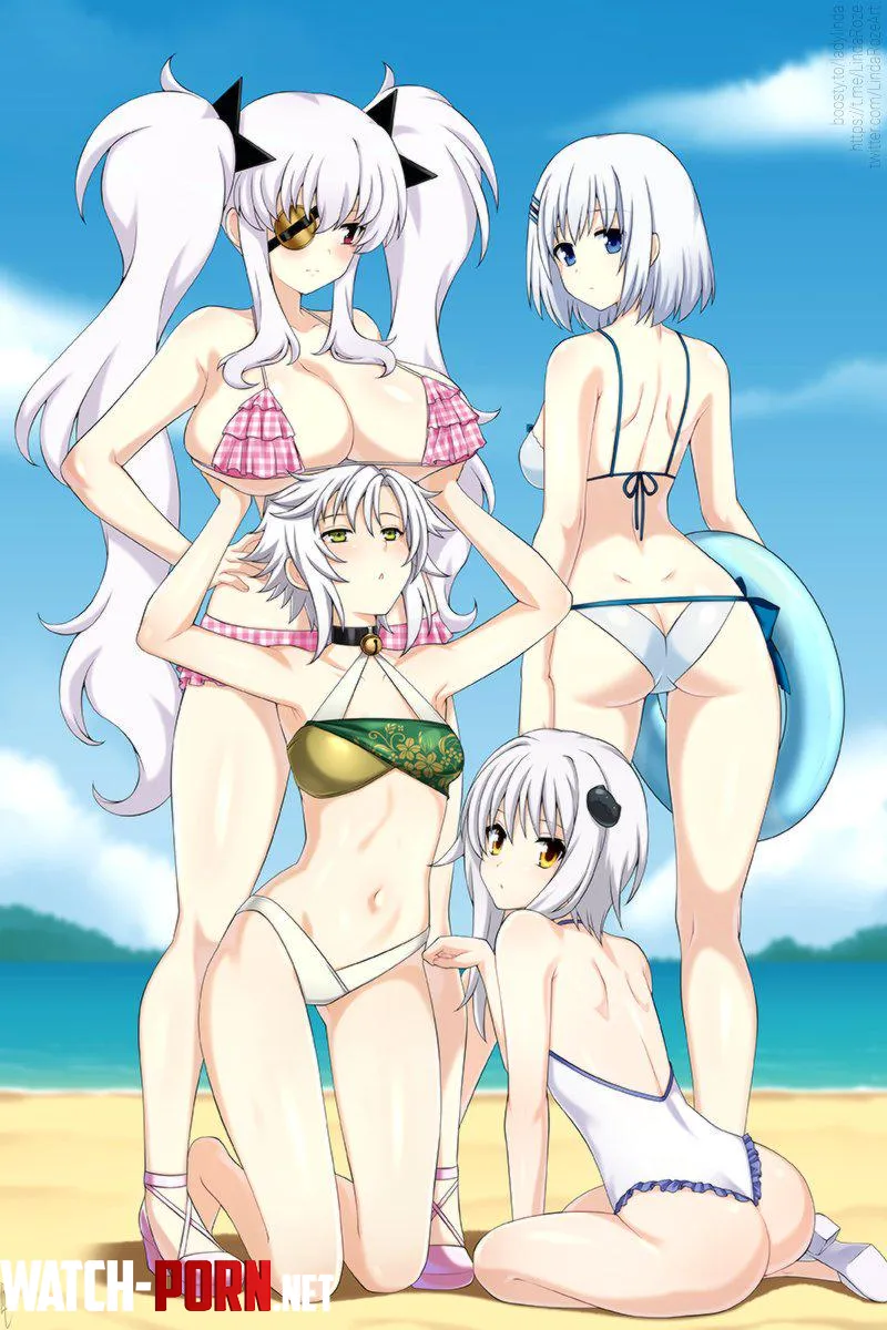 Yagy Origami Tobiichi Fie Claussell and Koneko Tojo Together At The Beach Senran Kagura X Data A Live X Kiseki X High School DxD LindaRozeArt by A_MASSIVE_PERVERT