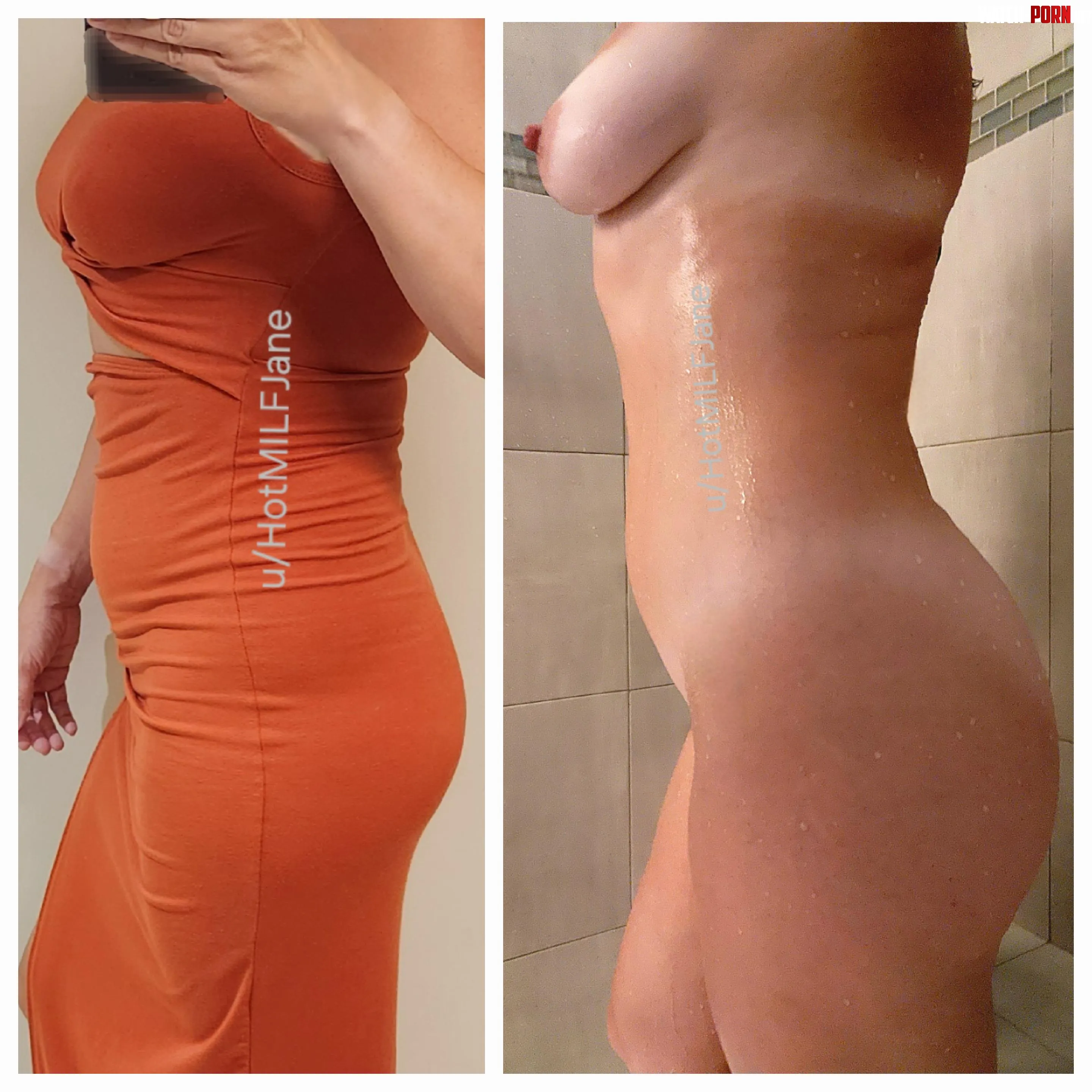 Before dinner in my dress and without my dress after showering by HotMILFJane