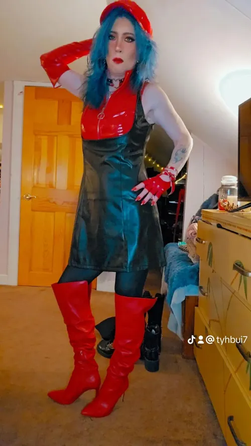 Thumbnail Closet Adventures: Red and Black Combo Fun by bootscloset in LadiesInLeather