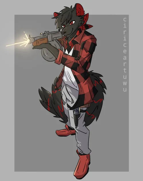 Thumbnail Lellelarsson2008 Presents a Gunslinging Ratwolf in Full-body Comm Art on bluesky