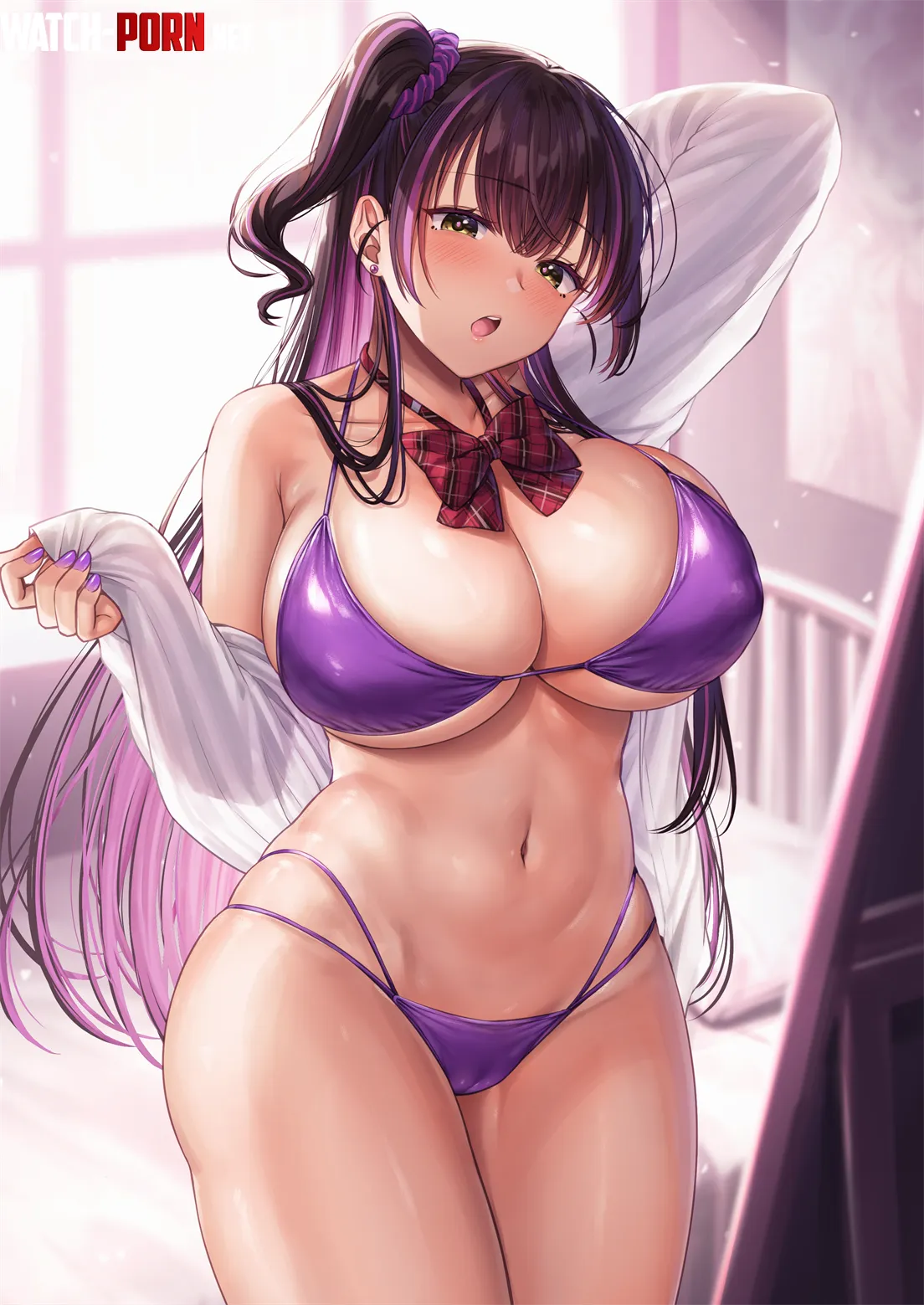 She has changed in purple bikini in the bedroom by StellarStunning