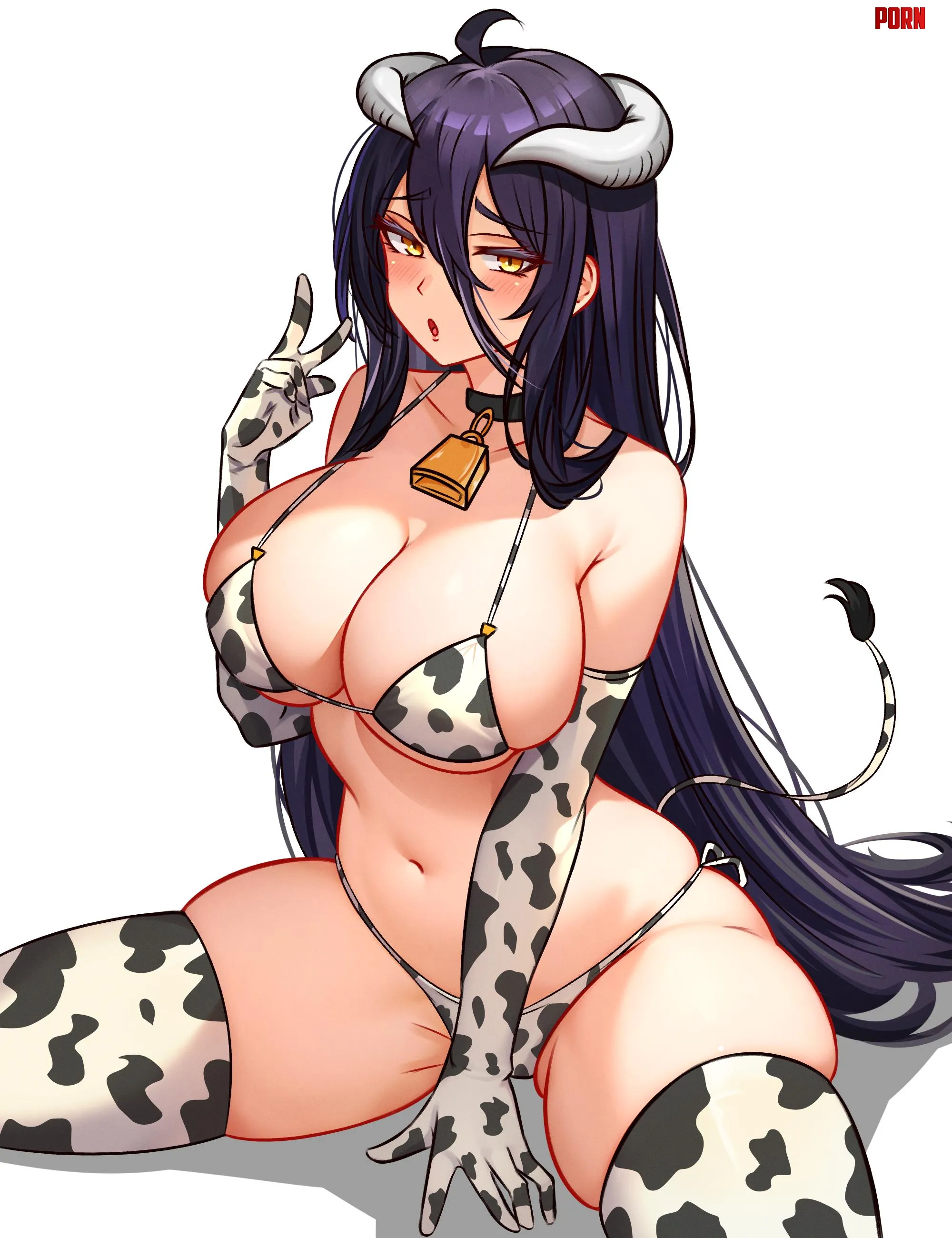 Albedo gives a sexy pose in Cow patterned Bikini Overlord Cetta by ecchi_neko