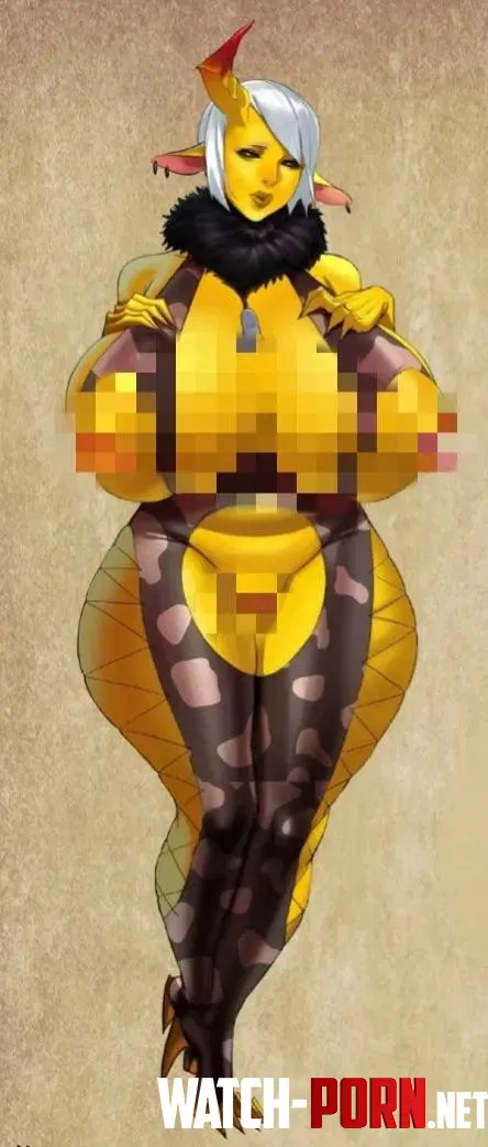 LF Color Source 1girl yellow skin short hair white hair 1 horn cow ears ear piercings huge breasts hands on top of breasts fishnets censored nipples censored genitalia clawed hands clawed feet by Ok-Owl-4184