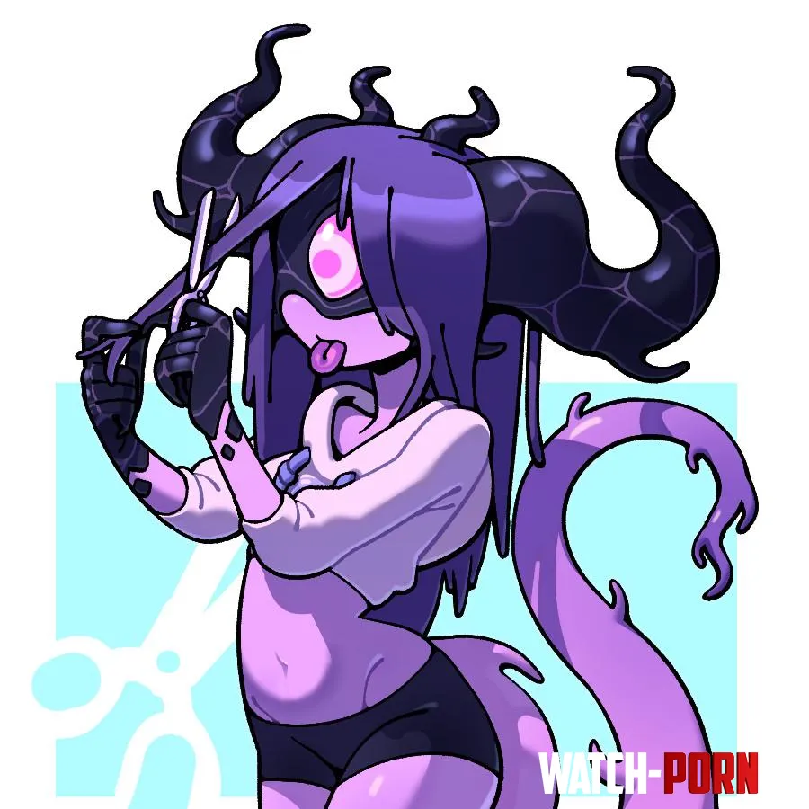 A purple oneeyed demon girl with wavy horns and tail cutting her hair By discountvillainbskysocial by ToonAdventure