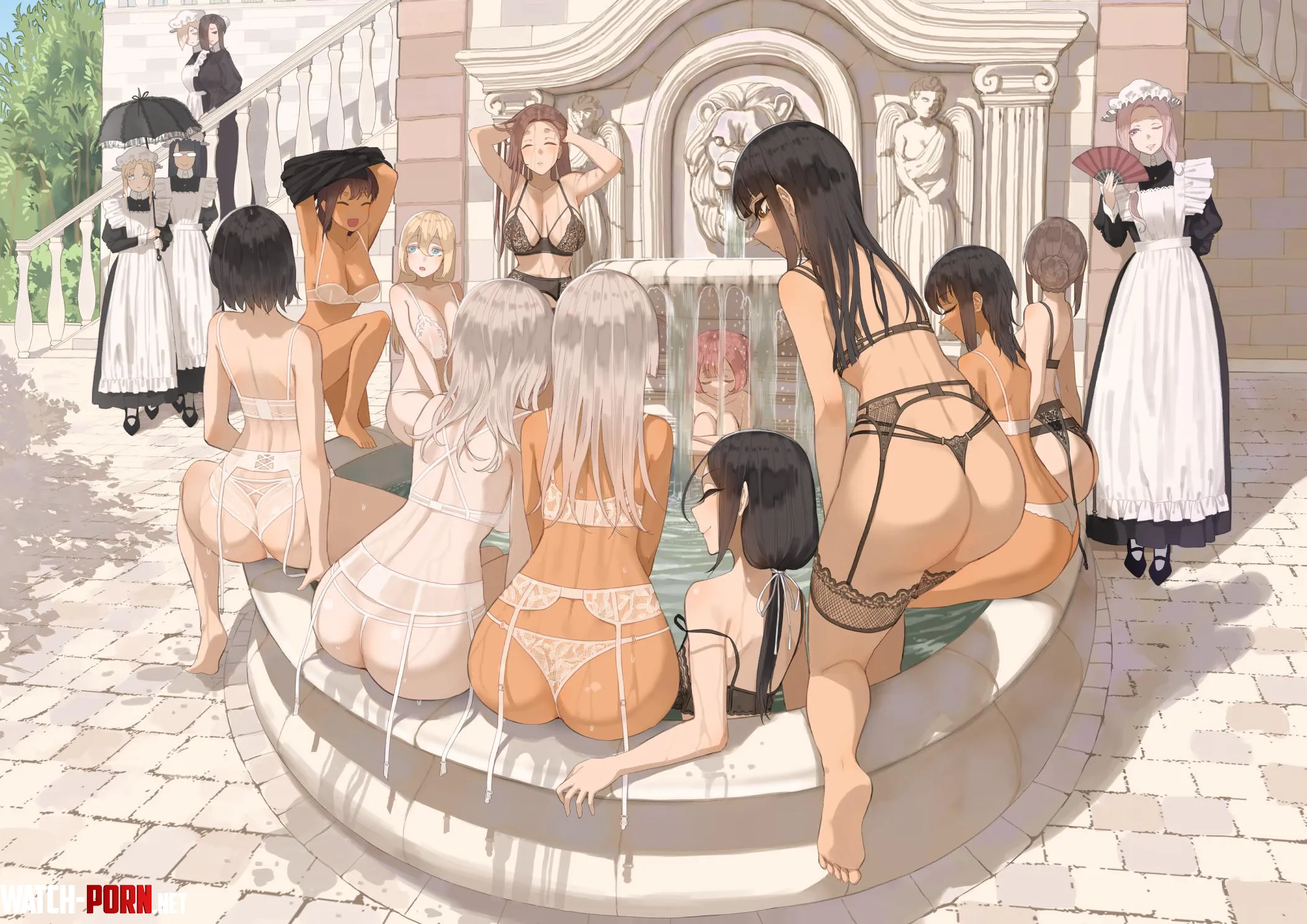 Maid in lingerie bathing in fountain OC by Silent_Steak_9540