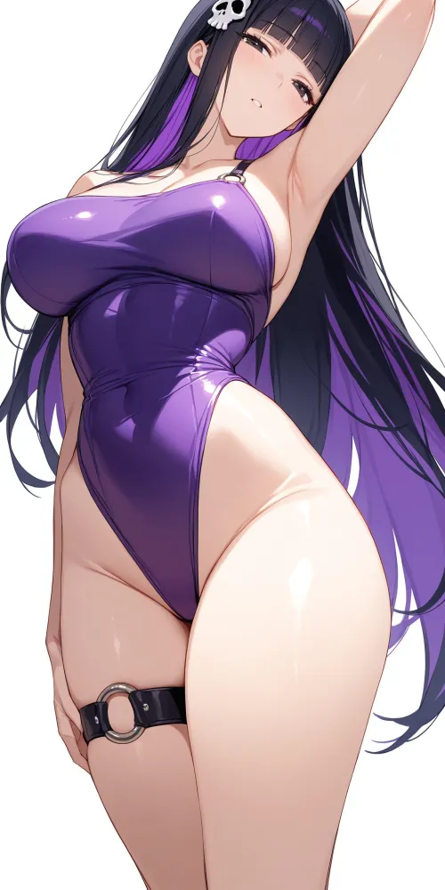 Thumbnail CheetahSperm18's Alluring Purple Swimsuit Display in animebodysuits