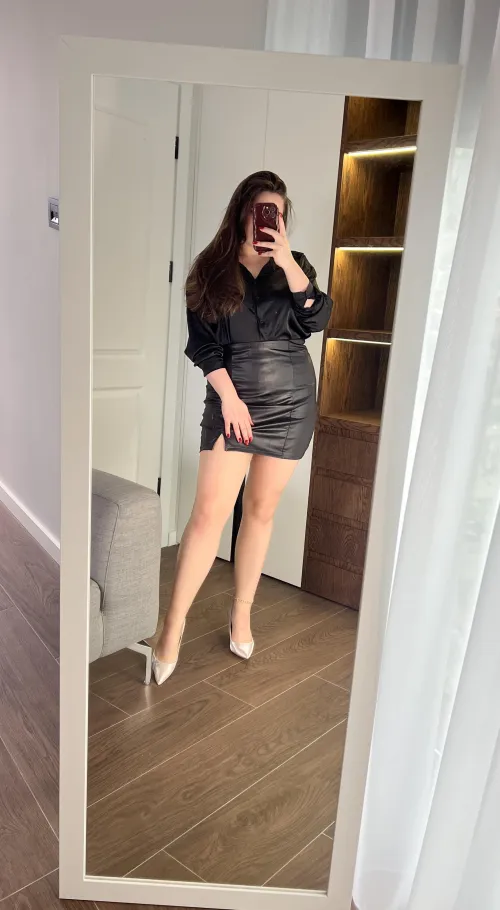 Thumbnail Sleek and Stylish: Glossy Legs in Silky Pantyhose and Leather Skirt by AlinaRoseModel