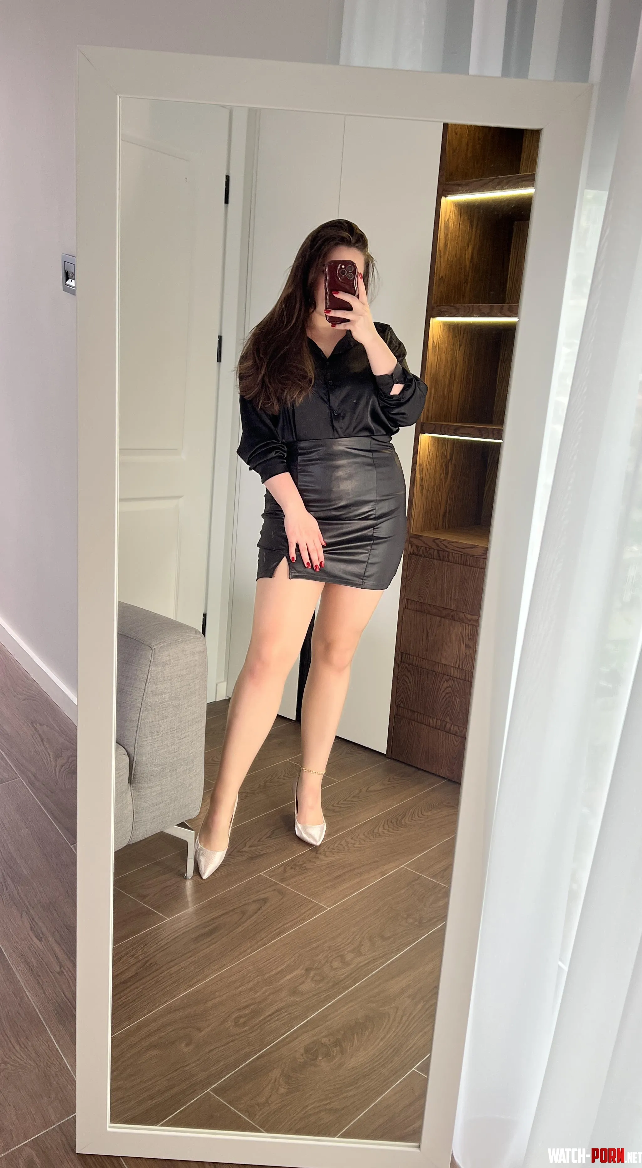 Glossy legs in silky sheer pantyhose perfectly hugged by a tight leather skirt by AlinaRoseModel