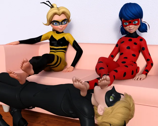 Thumbnail Ladybug and Queen Bee make Cat Noir get on all fours face up so they can use his prone body as their footstool Ladybug then has him open his mouth so he can refresh her foot with his tongue Miraculous Ladybug SoleMann by SoleMann_