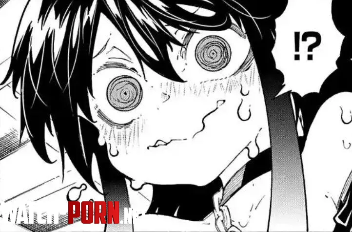 LF Mono Source: !?, @_@, 1girl, black hair, blush, ceiling, chain, choker, detached sleeves, embaressed, hair between eyes, indoors, long hair, long sidelocks, speech bubble, sweat, wavy mouth, wide-eyed by Lunestellaris