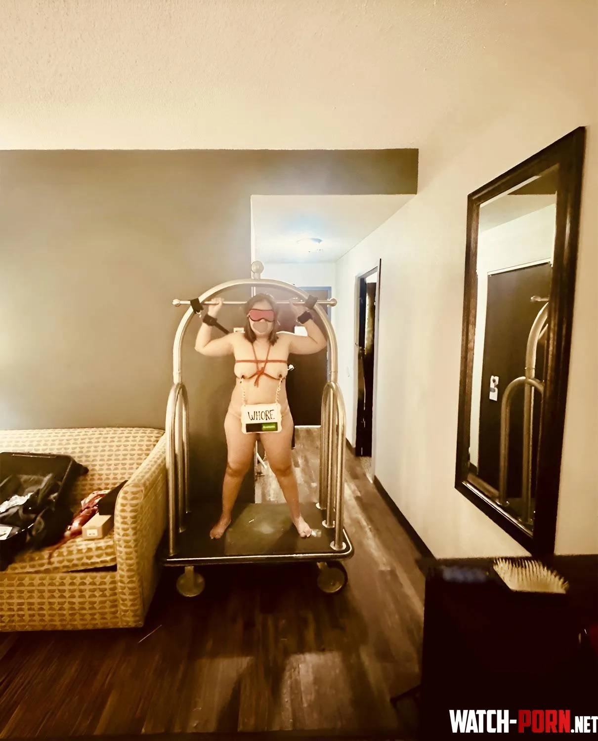 [F] Im a Tiny asian fucktoy. Im small enough to fit in a motel cart. Helpless little me blindfolded and tied on a hotel cart. With a “whore available” clamped on my tits by isabelleperez0317
