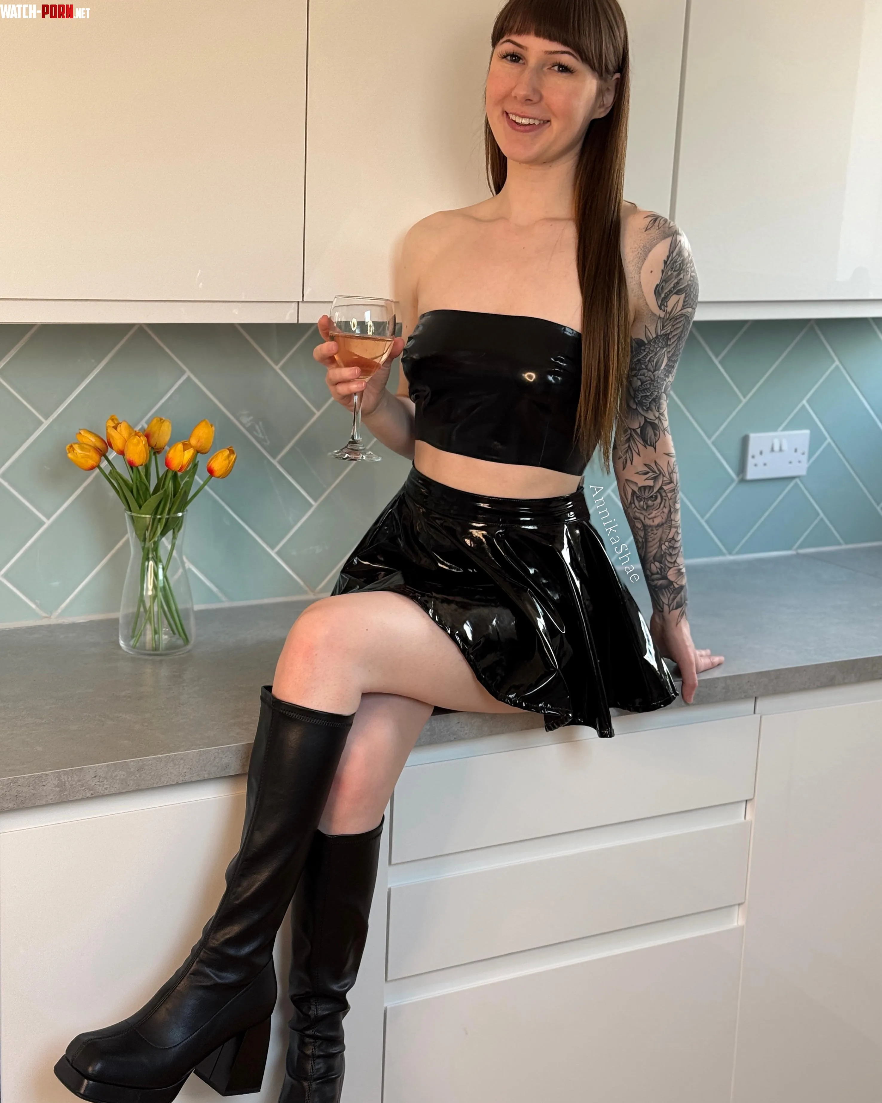 How do you feel about mixed shiny clothes? Latex top, pvc skirt, and leather boots by AnnikaShae