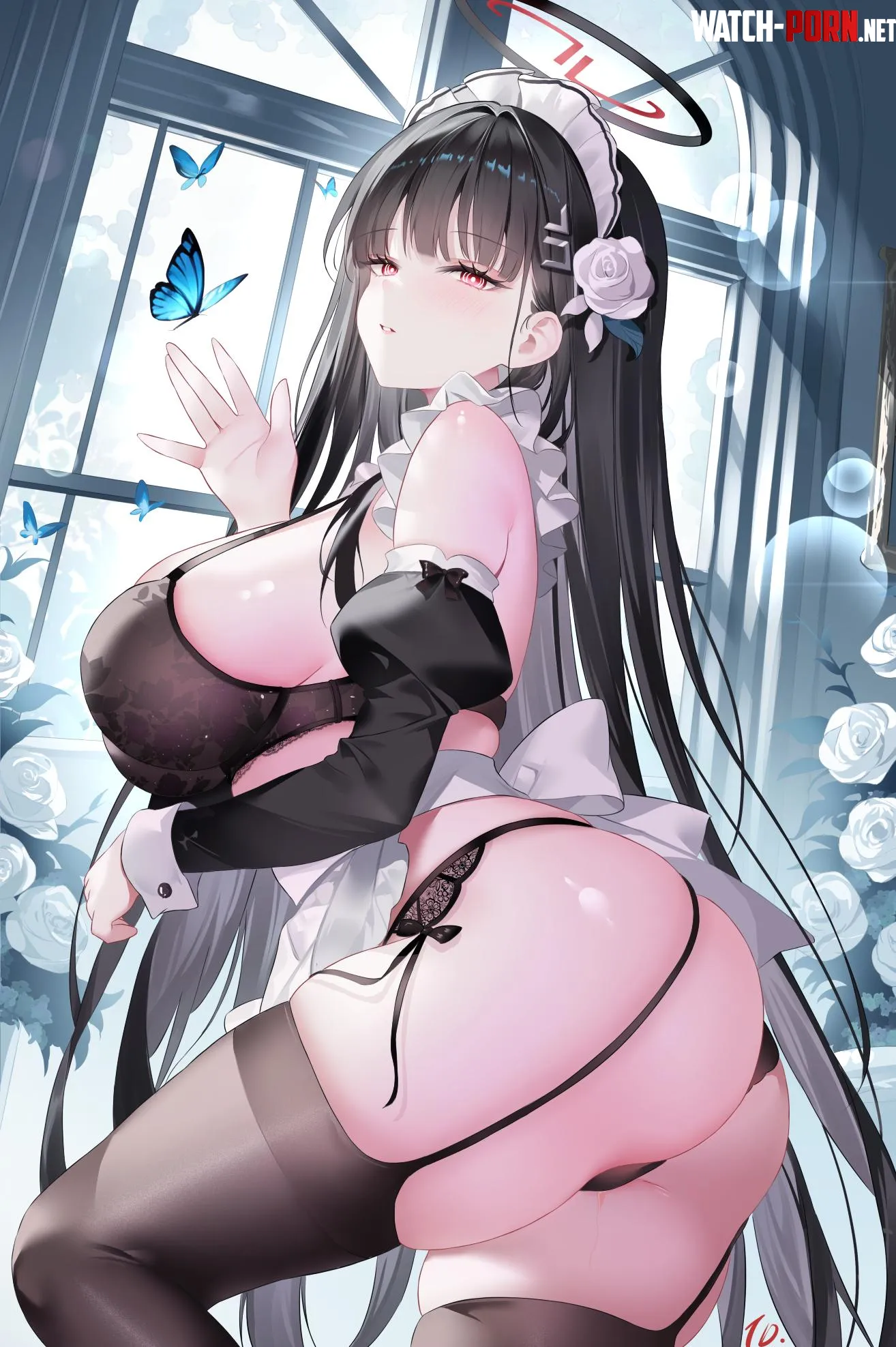 Rio in black bra and maid apron (藤蝶.) [Blue Archive] by elegantloveglimmer