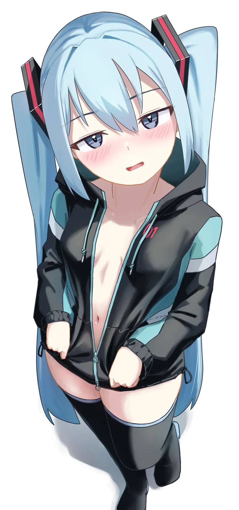 Thumbnail Sultry Peek: Mikus Partially Zipped Jacket Tease by Frogenchantress | ecchi