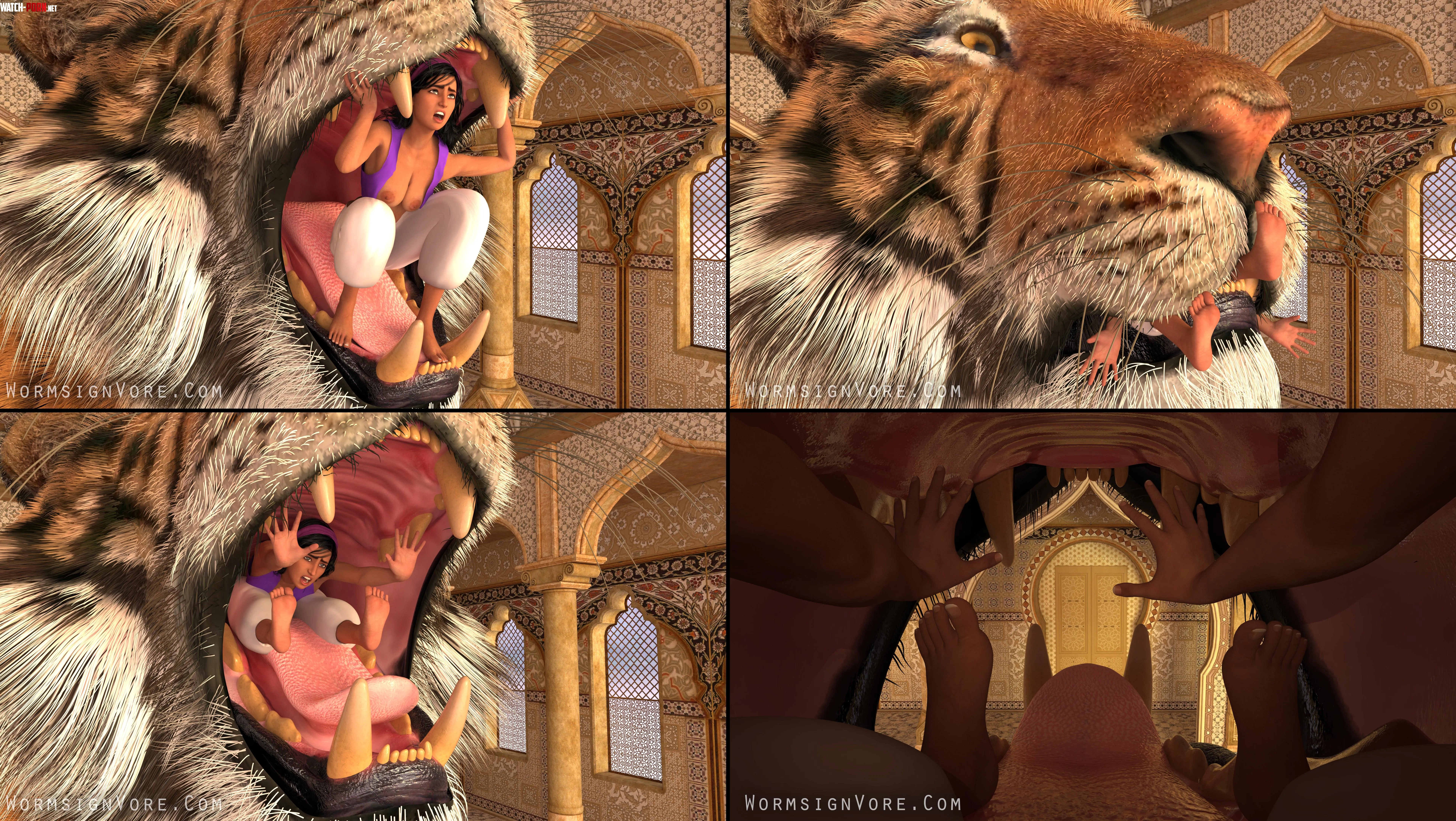 {Image} Rajah Eats 'Aladdin' (M/Tiger)(F/Human)(Soft)(Oral)(unwilling)(nsfw)(OC:WormsignVore Animations) by WormsignVore