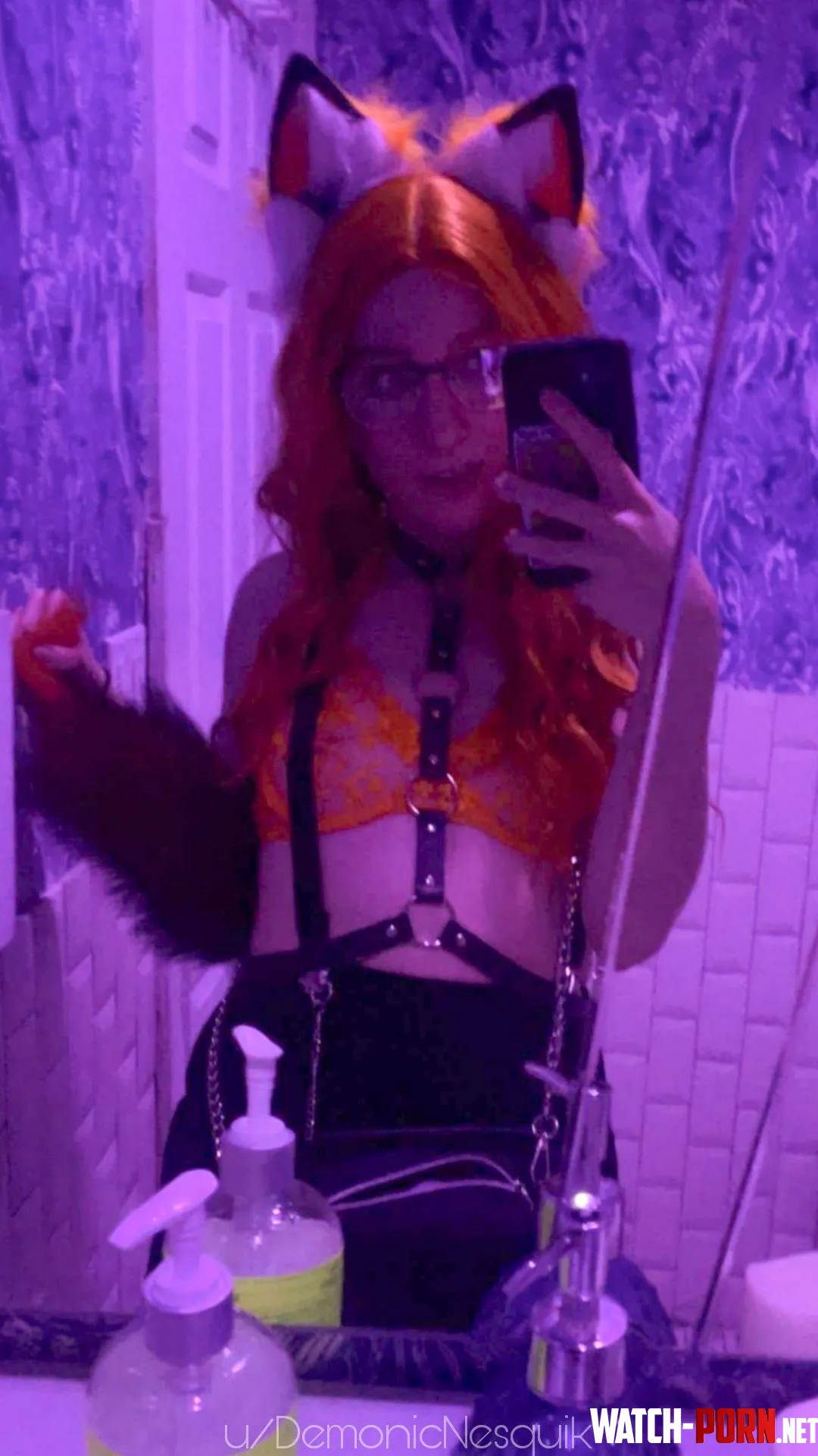 Wore one of my favorite harnesses to a play party recently! (Sorry the photo is such low quality the bathroom was very dark) by DemonicNesquik