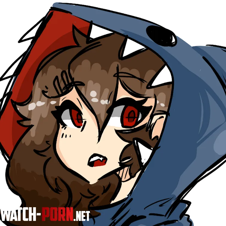 LF Color Source: 1girl, shark girl, shark sweater, boobs, blue sweater, red eyes, brown hair by Karmelica