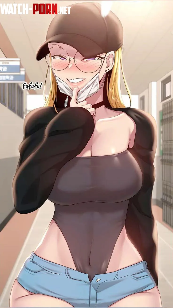 LF Color Source, Fufufu! 1girl, pink eyes, gold hair, circle glasses, mask, shorts, jacket, choker, ball cap, school hallway by KotonoHanako