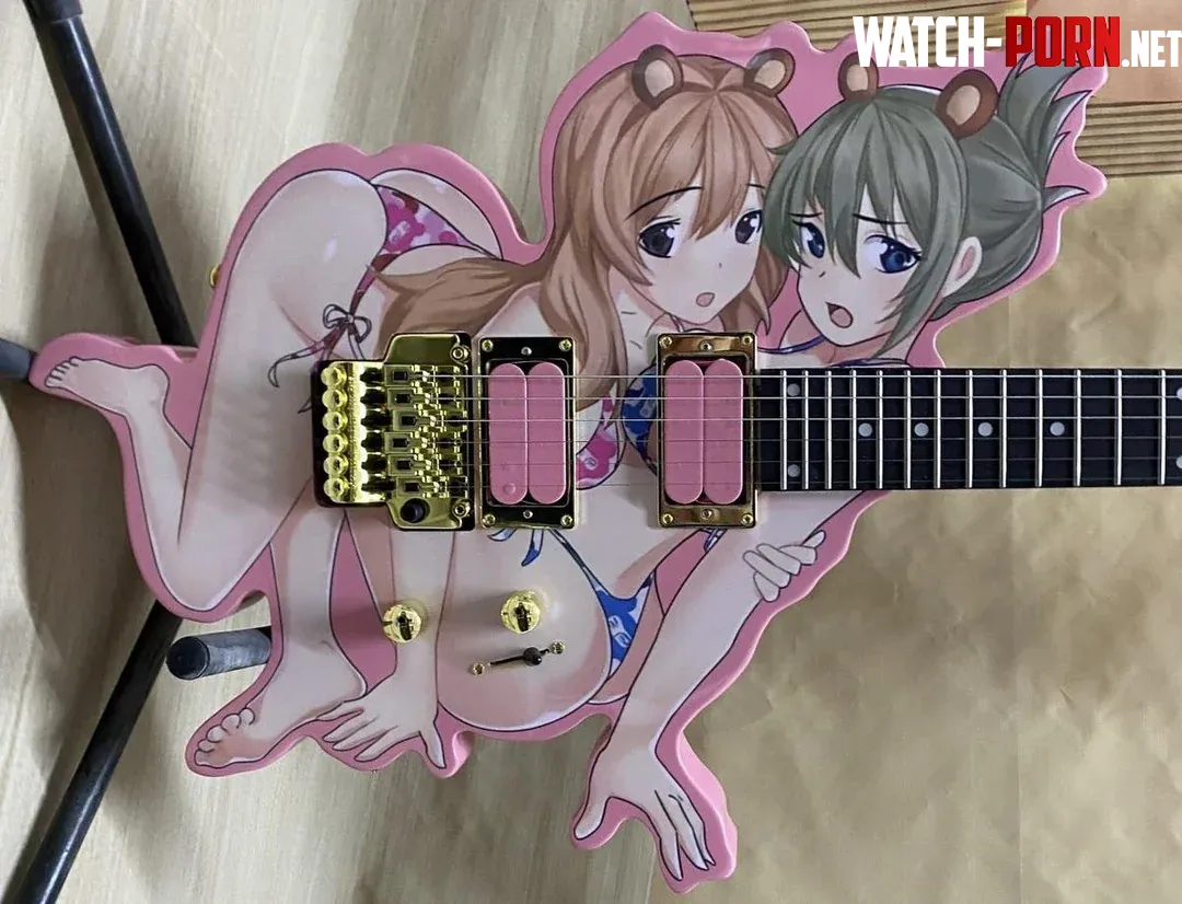 Color: 2girls, guitar, bikini, long hair, looking at viewer, blush, green hair, animal ears by kei-kazuki