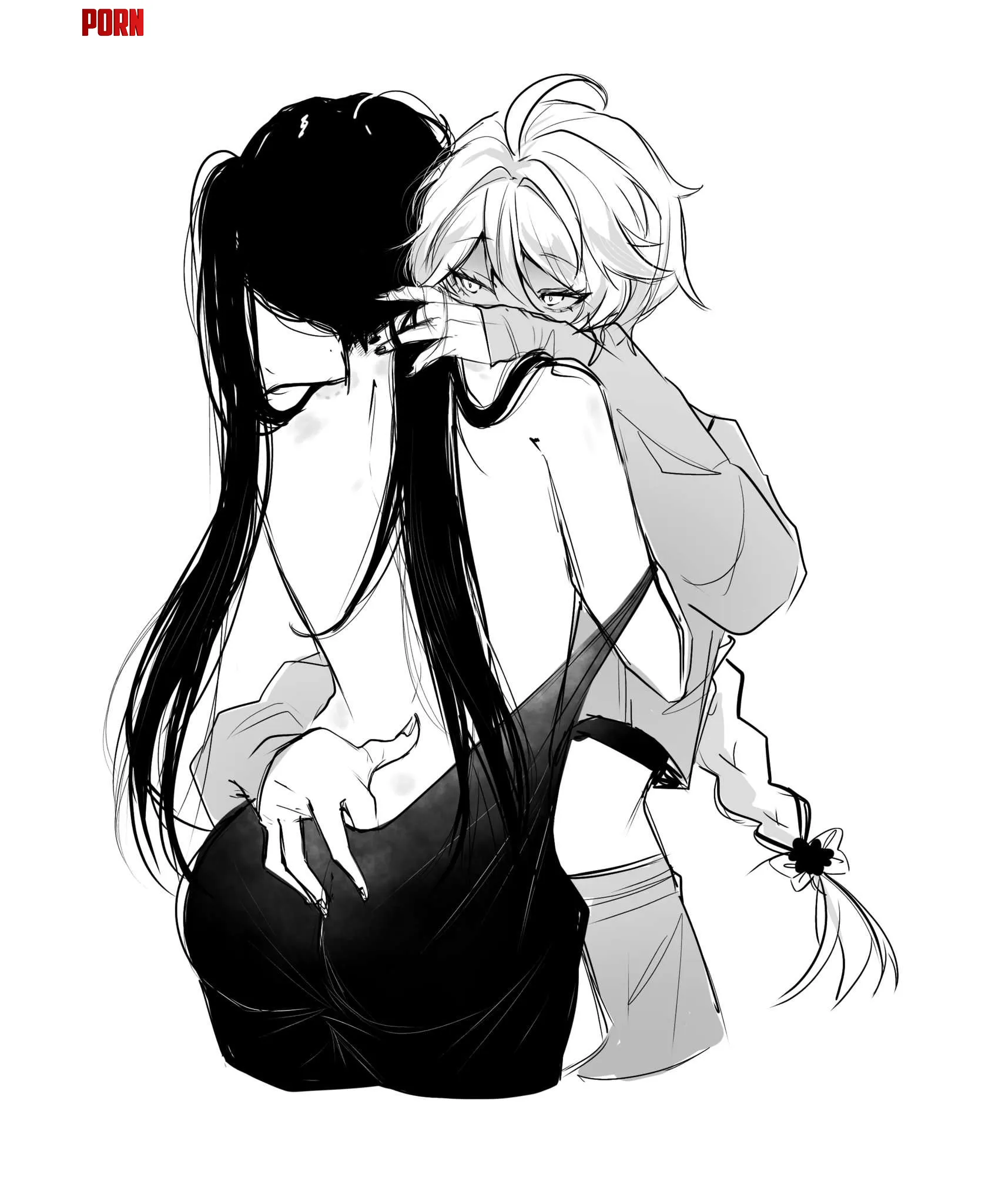 LF Mono Source: 1boy, 1girl, aether (genshin impact), mona (genshin impact), ass, backless dress, backless outfit, long hair, twintails by Soarel25