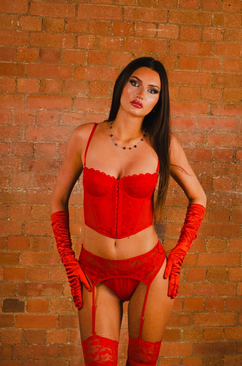 Thumbnail Tiff Rose Blooms in Stunning Red Lingerie Outfit | ClothesCertain8326
