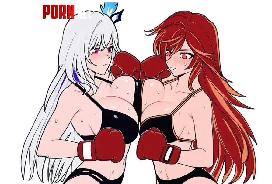LF Color Source: mavuika (genshin impact), skirk (genshin impact), boxing gloves, boxing, 2girls, female only, breast press, symmetrical docking by Soarel25