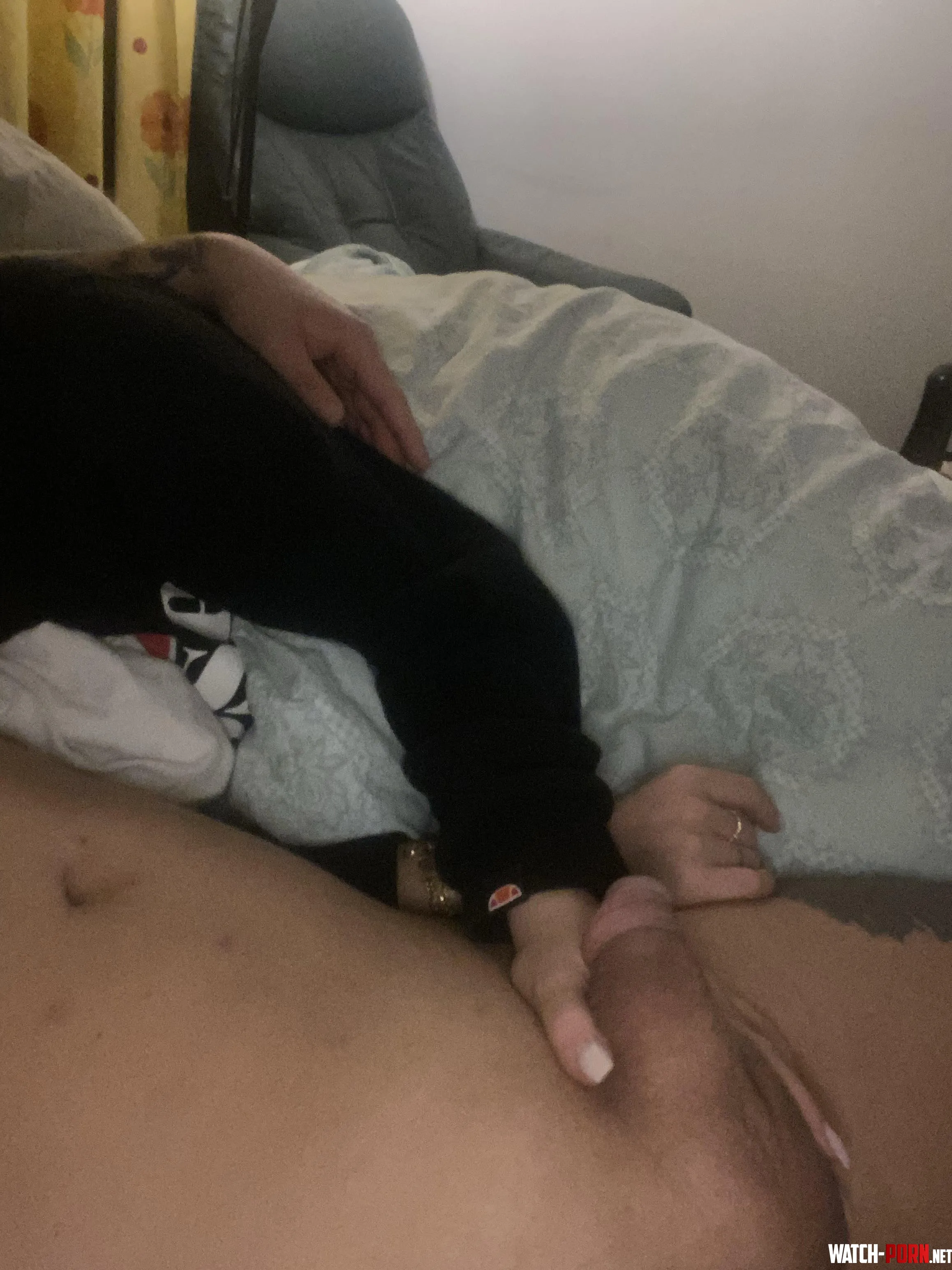 Girl in my hoodie and sweatpants holds my penis while I lay naked besides her. by Maleswe