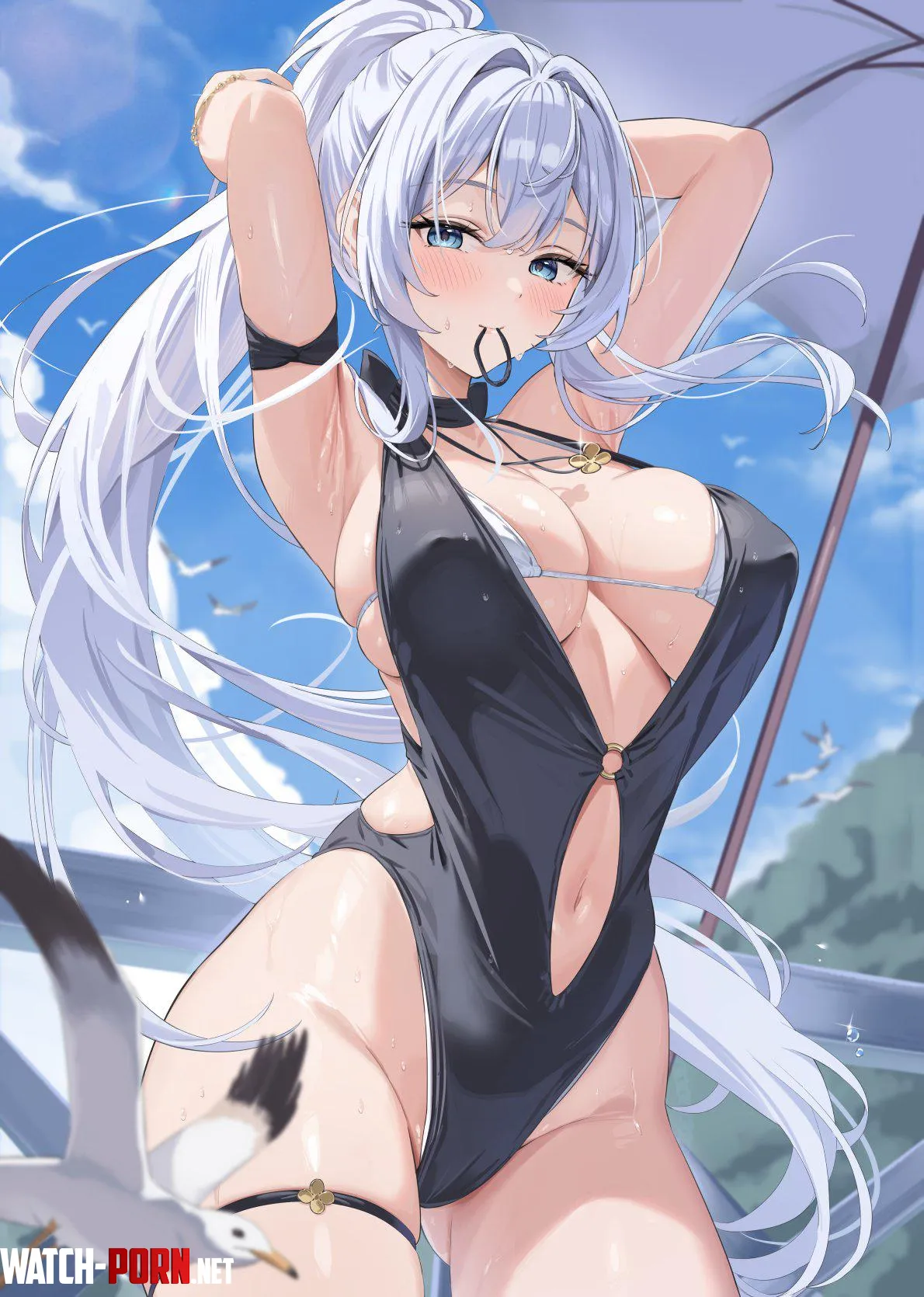 Tying her hair into a ponytail (satoumogumogu) [Original] by elegantloveglimmer