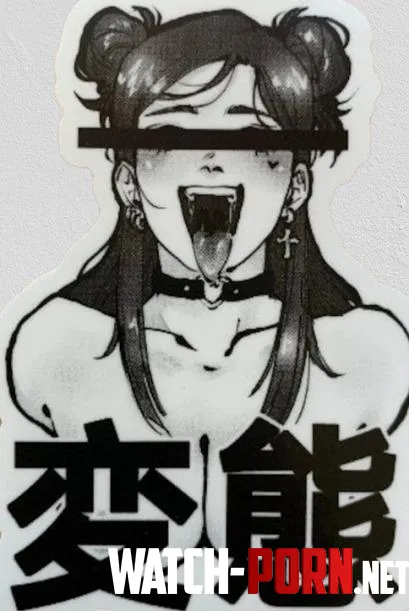 Lf mono source: 1girl, earrings, nude, bar censored, foreign text, collar, hair buns, ahegao, mouth open, tongue out, sticker, blush, heart symbol, collarbone by EquivalentCase8217